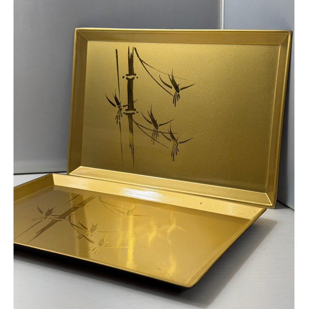 Vintage OTAGIRI Lacquerware Tray Set Gold Bird Bamboo Set of 2 Japan